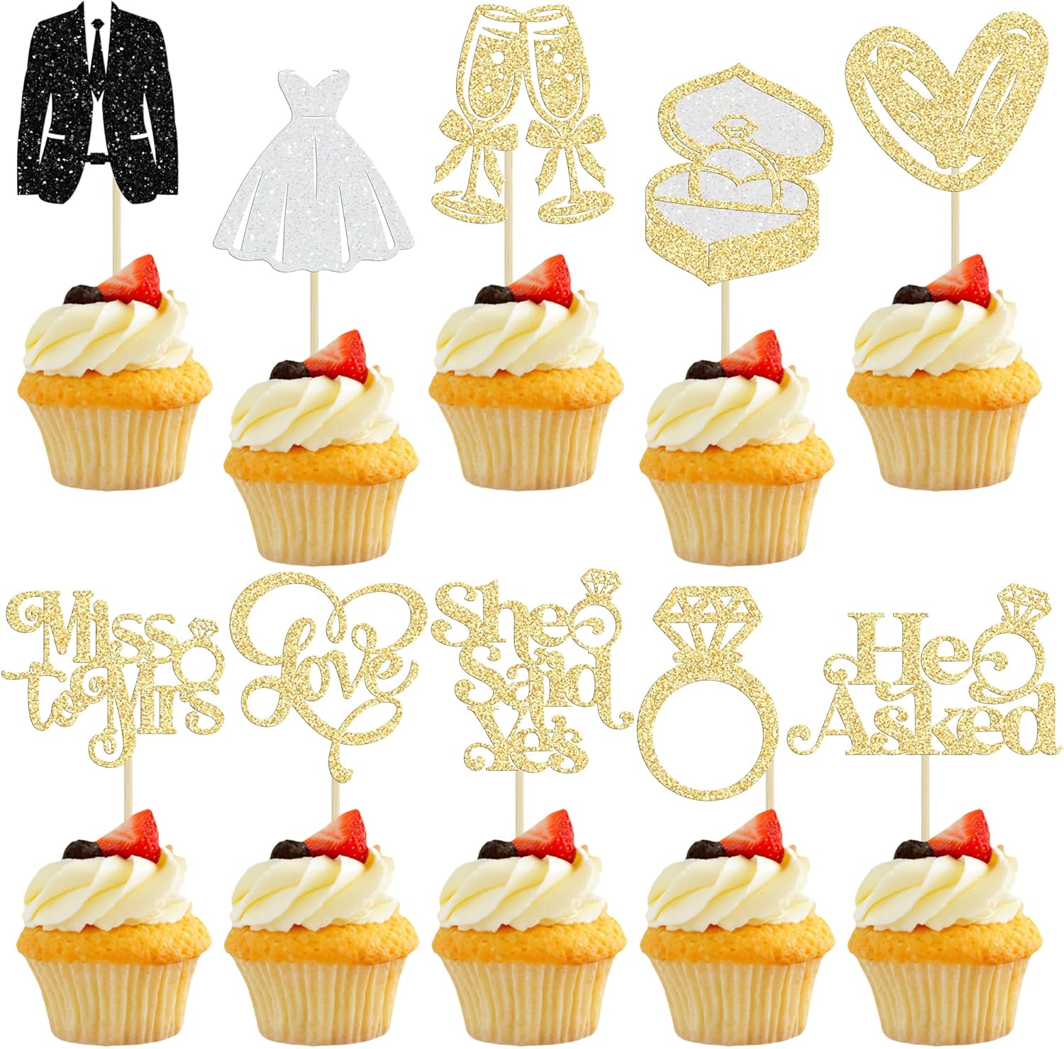 Gyufise 30Pcs She Said Yes Cupcake Toppers Glitter Diamond Ring I Do Love Cupcake Picks Miss to Mrs He Asked Bridal Shower Wedding Engagement Bachelorette Cake Decoration Gold