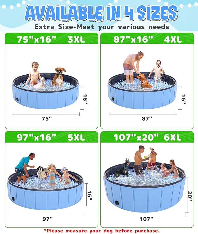 Giant Dog Pool 97"x16", Hyperzoo Foldable Dog Swimming Pool, Hard Plastic PVC Leakproof Doggie Wading Collapsible Pet Bathing Tub for Puppy Small Medium Large Dogs and Kids, Blue-PawvioPets