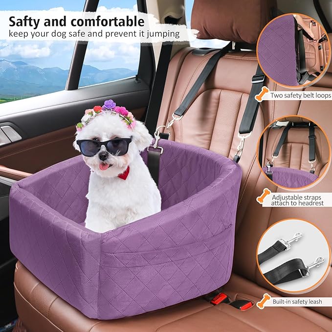 Dog Car Seat for Small Medium Dogs,Detachable Washable Dog Booster Seat Under 30lbs, Pet Car Seats Travel Bed with Storage Pockets and Safety Belt (Purple)-PawvioPets
