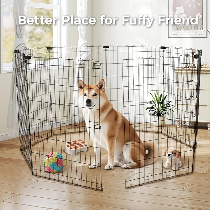 Foldable Dog Playpen 36" Height 8 Panels Metal Exercise Pen No Door - Indoor/Outdoor Dog Play Pen for Small-Medium Dogs, Portable Pet Fence for Yard Garden Camping, Black-PawvioPets