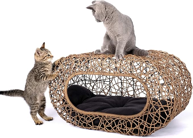 Fun Stackable Cat Condo for Indoor Cats - Interactive Play Faux Rattan Cat House for Indoor Cats Kitty, Pet Friendly Top/Side House Entry, Cat Bed Enclosed-PawvioPets