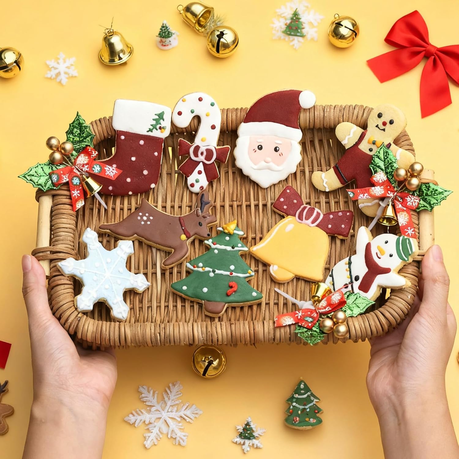 Christmas Cookie Cutters Set- 9 Piece Stainless Steel Winter Holiday Metal Shapes-Christmas tree, Snowman, Candy Cane, Bells, Snowflakes, Gingerbread Man, Reindeer, Socks,Santa Face Shapes