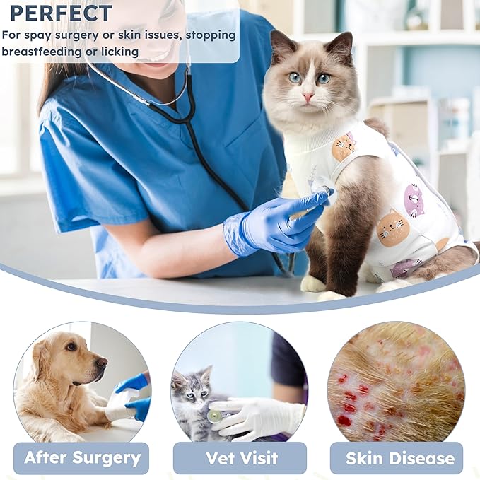 Cat Recovery Suit for Spay Abdominal Wounds, Breathable Cat Onesie for Cats After Surgery Female, Kitten Surgical Recovery Suit Female Cone of Shame Alternative for Cats Anti Licking-PawvioPets