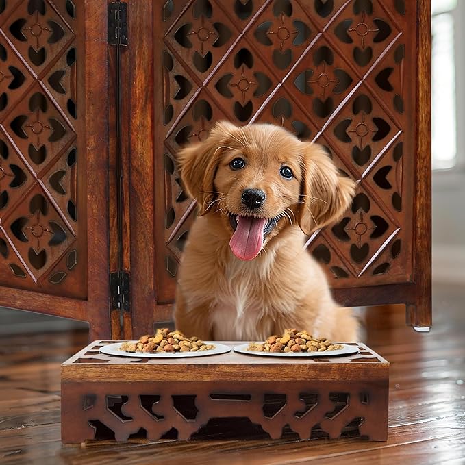Elevated Pet Feeder for Dogs and Cats - Hand Carved Wood Bones Raised Dog Bowl Stand - Pet Feeding Stand with Two Steel Bowls - Raised Dog Bowl for Food Water - Pet Feeding Station -17x11x4- IRONGATE-PawvioPets
