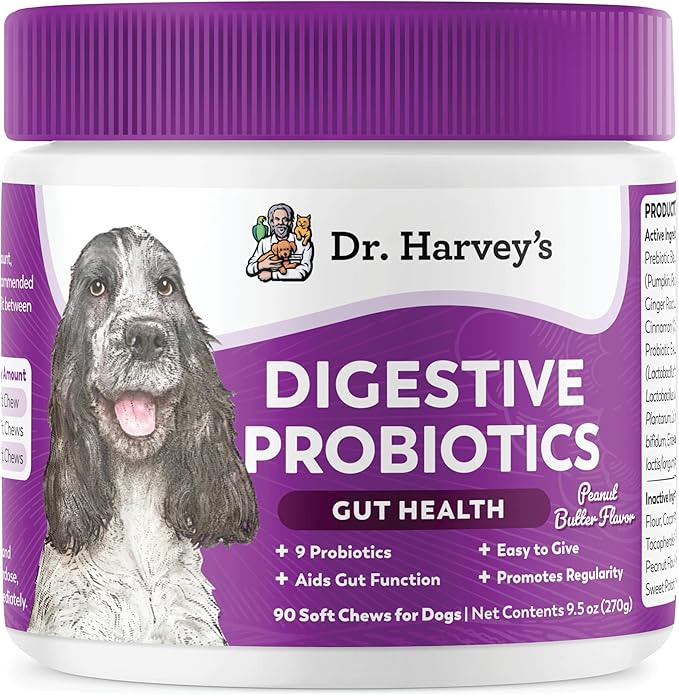 Dr. Harvey's Digestive Probiotic Soft Chews for Dogs, 7 Probiotics for Gut Health, Diarrhea and Bowel Support, Peanut Butter Flavor (90 Chews)-PawvioPets