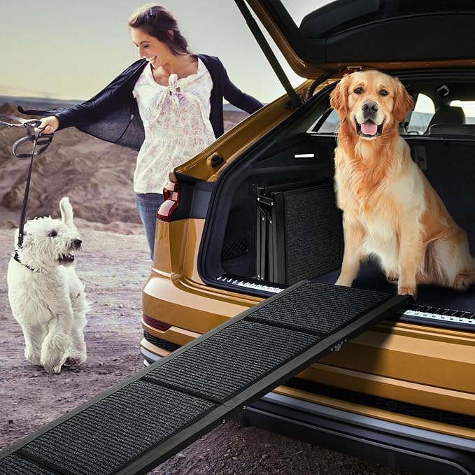 FAHKNS Dog Ramp for Car, 71" x 17" Extra Long Wide Folding Pet Ramp, Non-Slip Rug Surface, Aluminum, Black, Up to 300 LBS-PawvioPets