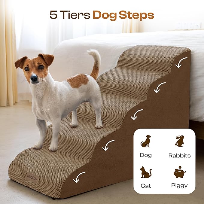 Dog Stairs for High Beds Up to 26-30", 5-Step Foam Pet Ramp with Washable Cover, Gentle Slope Steps, Bed & Couch Ladder for Small Medium Dogs & Senior Cat, Puppy Stairs to Get on Tall Furniture-PawvioPets