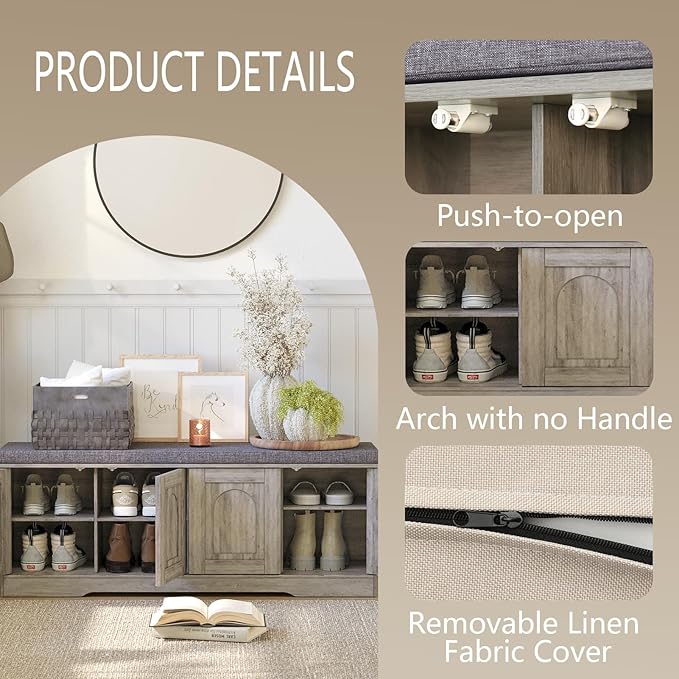 DINZI LVJ Shoe Bench, Entryway Storage Bench with Doors, Cushion, 2-Tier Shoe Rack with 8-Cubby, 47.2”L x 13.8”W Shoe Organizer Cabinet, Adjustable Shelf, Living Room, Bedroom, Gray Wash-PawvioPets