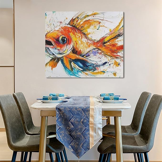 Framed Large Fish Wall Art for Living Room, Oversized Graffiti Goldfish Wall Decor Watercolor Fishing Canvas Painting Modern Artwork Home Decoration for Living Room Bedroom Office 60"x30"-PawvioPets