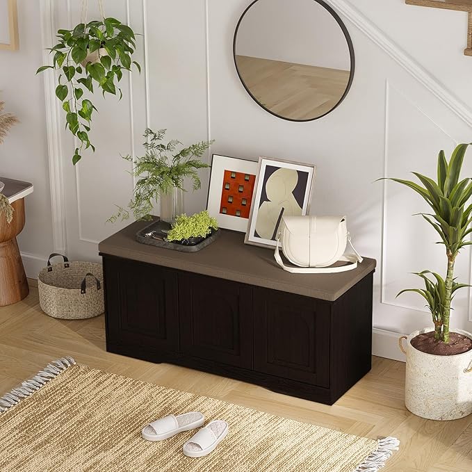 DINZI LVJ Shoe Bench, Entryway Storage Bench with Doors, Cushion, 2-Tier Shoe Rack with 6-Cubby, 39.4”L x 13.8”W Shoe Organizer Cabinet, Adjustable Shelf, Living Room, Bedroom, Espresso-PawvioPets