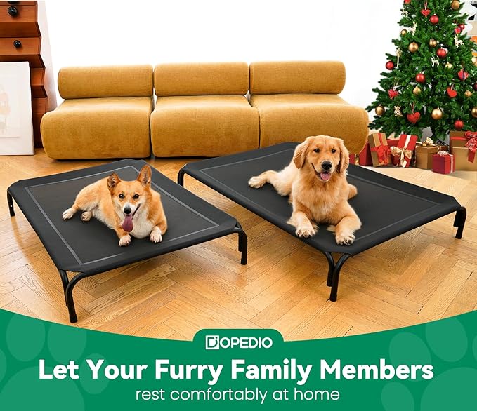 Elevated Dog Bed Raised Outdoor Dog Cot for Large Dogs, Installation Requires No Tools, Frame with Washable Cooling Breathable Mesh Anti-Slip Feet, Indoor Pet Bed, Black, 43.3 Inches-PawvioPets