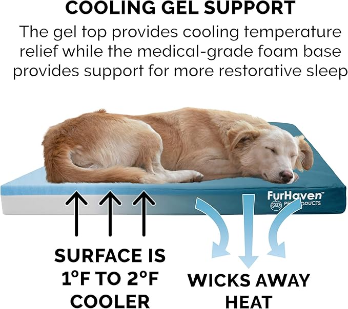 Furhaven Water-Resistant Cooling Gel Dog Bed for Large Dogs w/ Removable Washable Cover, For Dogs Up to 95 lbs - Indoor/Outdoor Logo Print Oxford Polycanvas Mattress - Deep Lagoon, Jumbo/XL-PawvioPets
