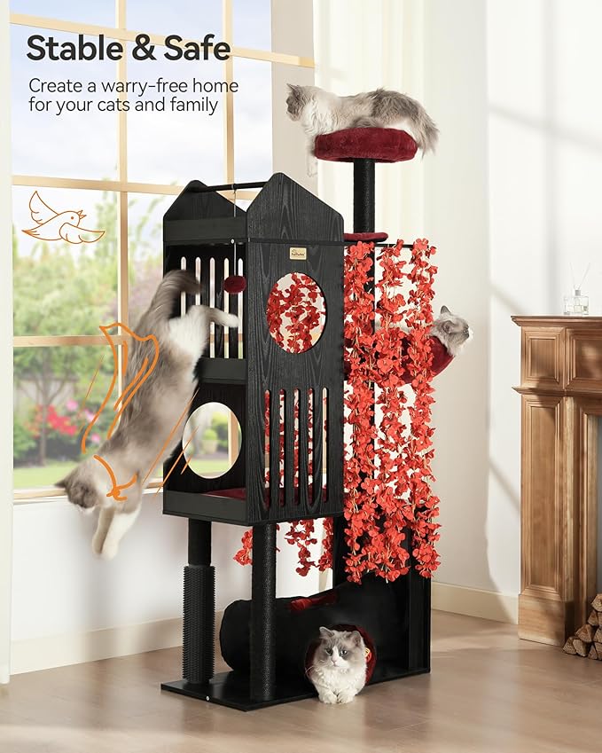 FourFurPets Gothic Cat Tree, 67" Cat Tower for Indoor Cats, Maine Coon Cat Tree for Large Cats 20 lbs+ with Extra-Large Padded Platform, Sisal-Covered Scratching Posts, Comfy Basket, Black & Red-PawvioPets