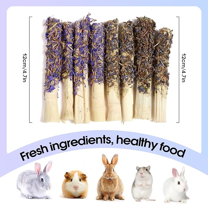 Abizoo Sweet Bamboo Rabbit Chew Sticks Treats and Toys 8Pcs Natural Hay with Forget-Me-Not Lavender for Bunny Guinea Pig Chinchilla Dental Care-PawvioPets