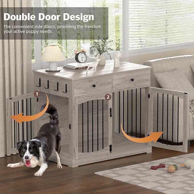 40 Inch Furniture-Style Dog Crate-Multipurpose Wood Pet Crate Furniture with Double Doors,2 Drawers, Decorative Dog House Indoor for Smal/Medium Dogs, Gray Finish-PawvioPets