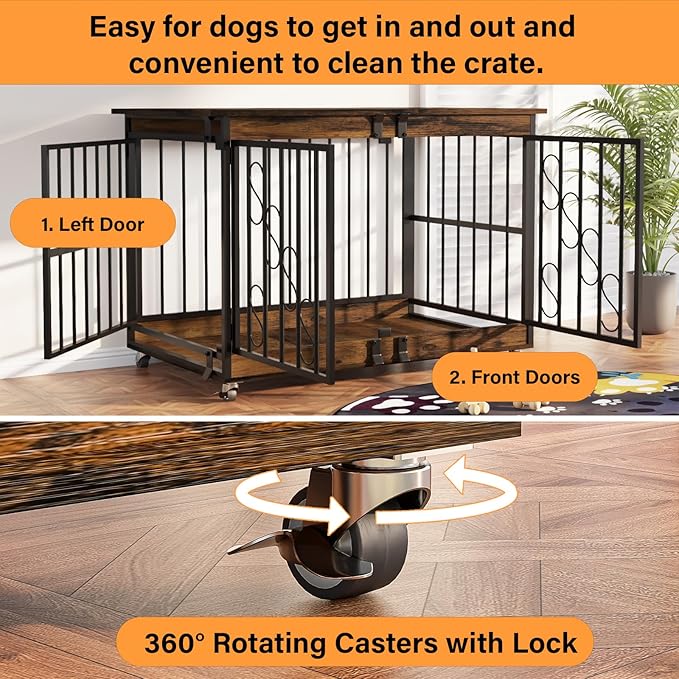 COZPAW Dog Crate Furniture, 48 Inch Dog Crates for Medium/Large Breed, Farmhouse Wood Metal Kennel Indoor Heavy Duty Pet Cage with Caster Wheels (Brown)-PawvioPets