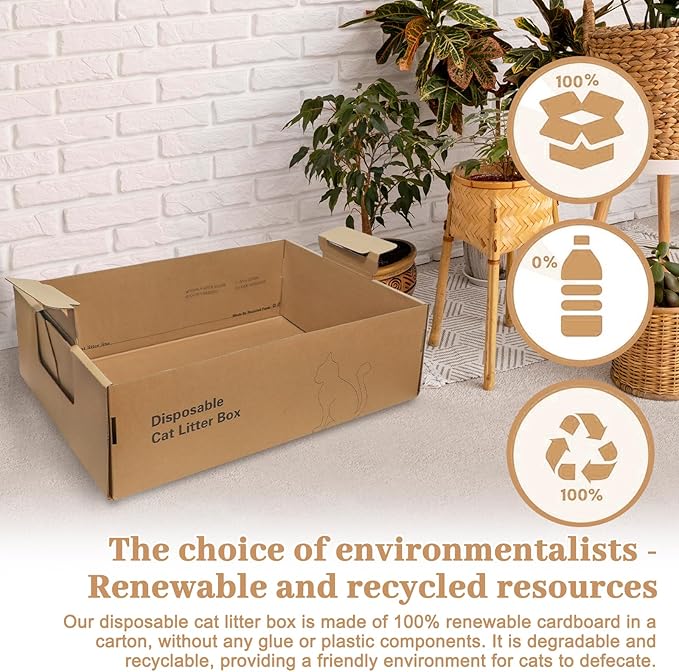 3-Pack Disposable Litter Boxes for Cats,Disposable 100% Renewable Cardboard Foldable Litter Boxes,Large-Capacity Portable Cardboard Cat Litter Box,Waterproof Travel Litter Box,17.2'' x 12.2'' x 5.3''-PawvioPets
