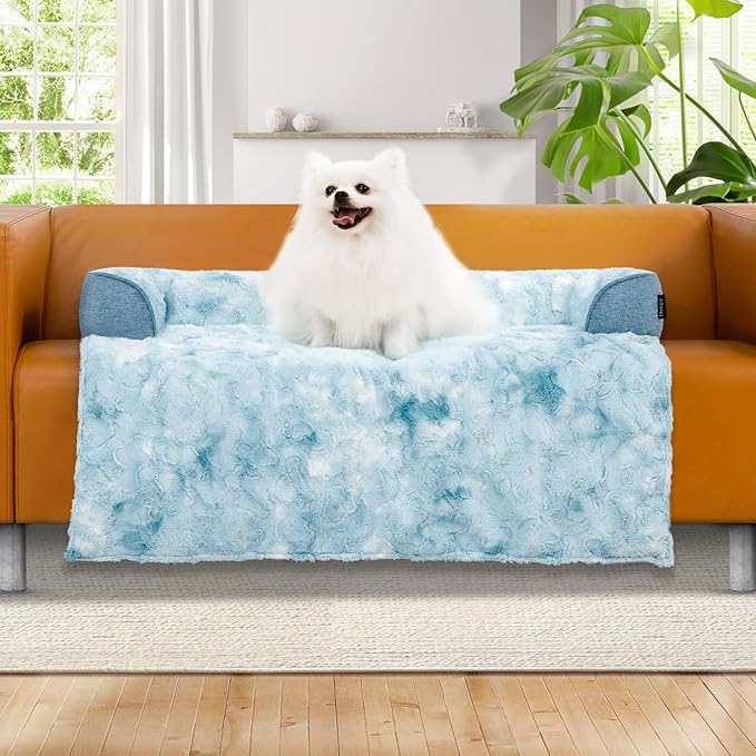 Calming Dog Couch Bed for Medium Dogs/Cats, 35 x 31 inch Waterproof Removable Dogs Mat Couch Cover for Furniture Protector, Non-Slip Fluffy Pelsbarn Dog Bed for Couch, Sofa - Tie-Dye Blue-PawvioPets