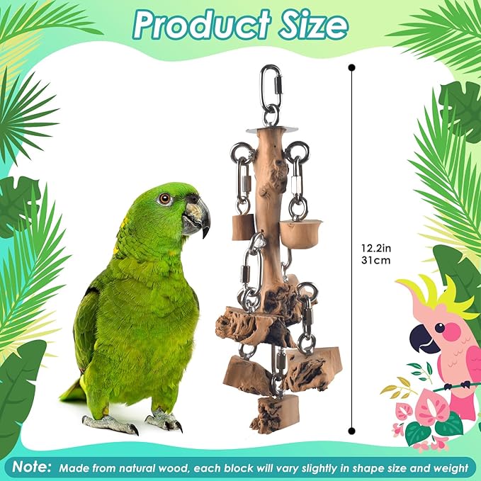 Bird Toys for Parrots, Durable Wooden Large Birds Toy with Stainless Steel, Hanging Natural Chew Hardwood Blocks for Macaws, African Greys, Amazon Parrot, Cockatoos and Small Medium Parakeets-PawvioPets