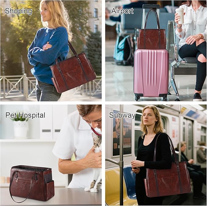 Fashion Dog Carrier Purse, Premium Leather Cat Carrier Bag, Airline Approved Soft Sided Pet Travel Tote Bag with Pockets Coffee-PawvioPets