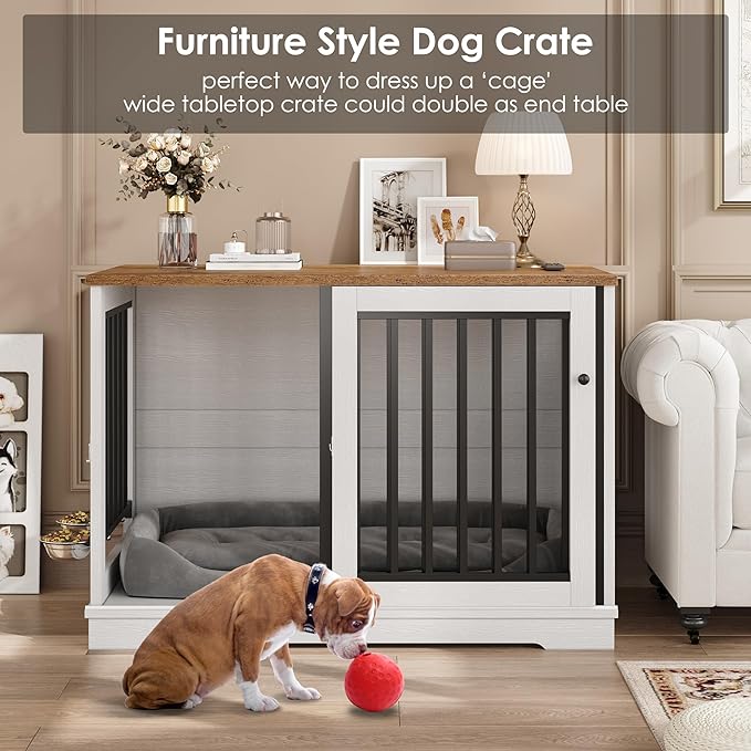 Dog Crate Furniture 47" Large Dog Kennel for Dogs Indoor, Heavy Duty Dog Cage with Sliding Door and 2 SUS Bowls Wooden End Table in Living Room for Small Medium Large Dogs, White-PawvioPets