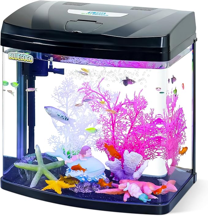 7 Gallon Glass Aquarium Starter Kit with Flip-Top Feeding Port for Betta Fish: Crystal Clear Viewing, Eco-Cycle Filtration, Air Pump, and LED Lighting-PawvioPets