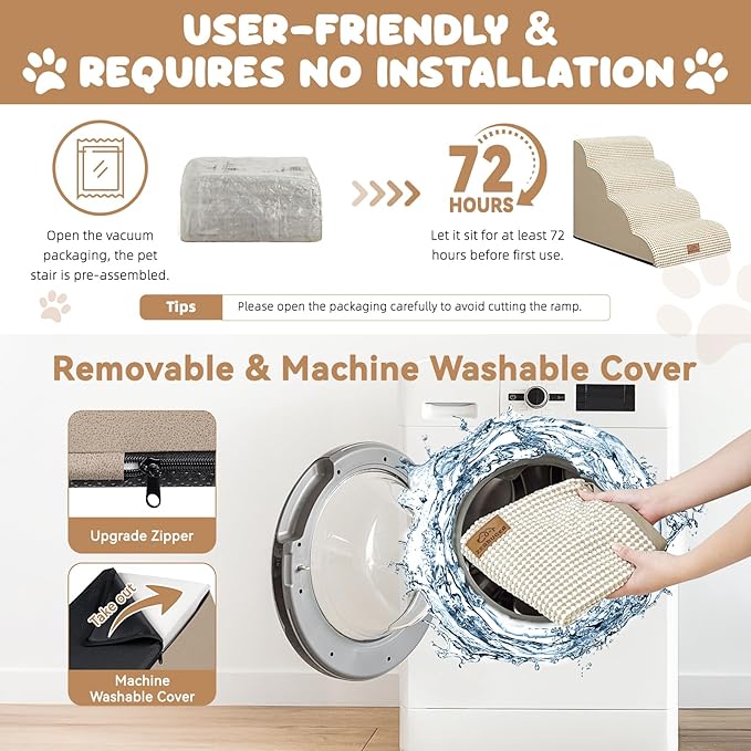 Dog Ramp and Stair for Bed 16" H-20 H,3-Step Cat Stair for Sofa and Chair,4-Step Dog Ramp for High Bed and Window,Durable Nonslip Fabric Cover for Indoor (Beige-20 H, Pet Friendly, 4)-PawvioPets