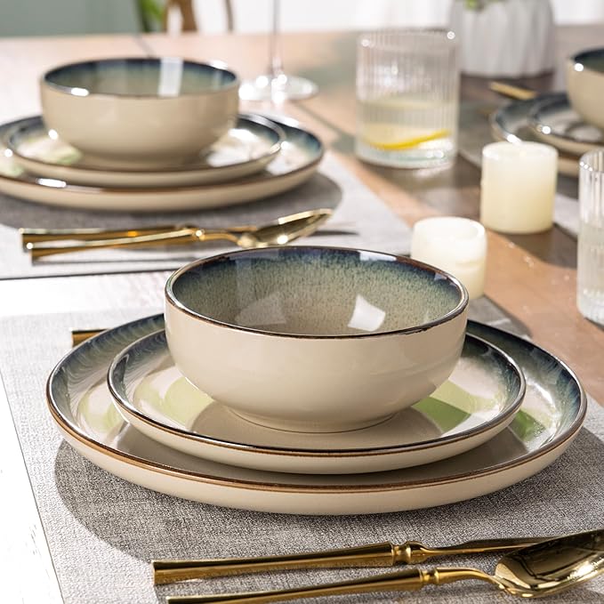 GBHOME Ceramic Dinnerware Sets for 4, 12 Pieces Stoneware Plates and Bowls Sets, Scratch Resistant Dishes, Dishwasher & Microwave Safe, Reactive Glaze-Gravel-PawvioPets