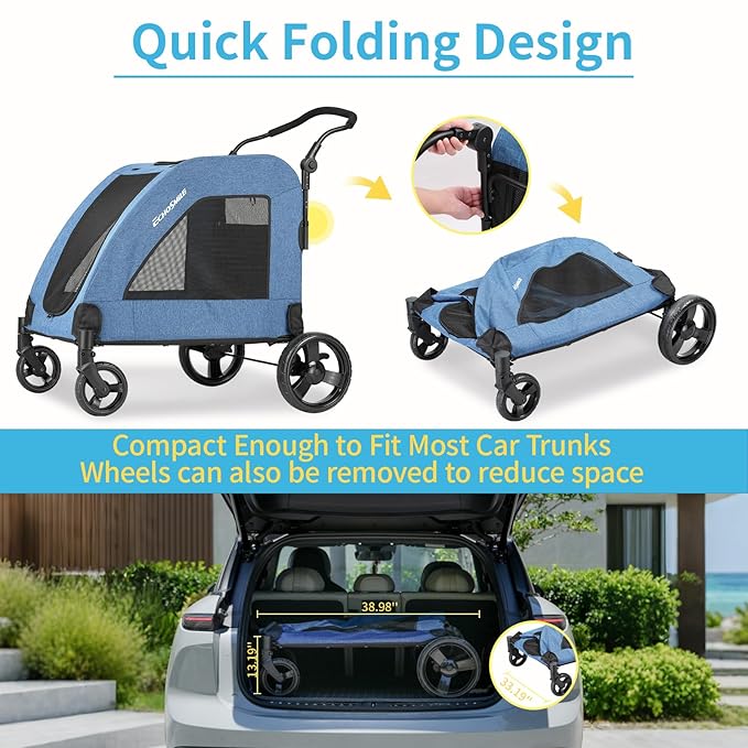EchoSmile Heavy-Duty Large Dog Stroller with Shock-Absorbing Wheels, Foldable Pet Travel Carrier for Medium & Large Dogs, 5 Mesh Windows, 160 lbs Capacity, Easy Assembly & Storage-PawvioPets
