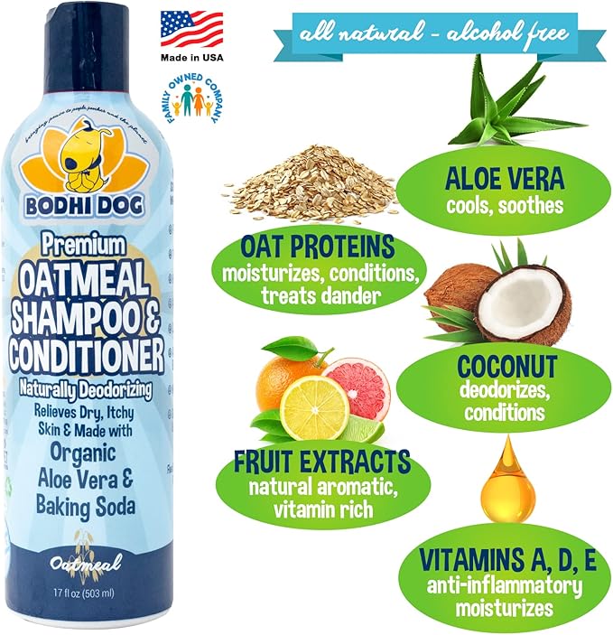 Bodhi Dog Oatmeal Shampoo & Conditioner - Hypoallergenic Formula - Naturally Deodorize Dogs, Cats & Pets - Made w/Organic Ingredients - Moisturizes Dry & Itchy Skin - Made in USA (Oatmeal, 17 Fl Oz)-PawvioPets