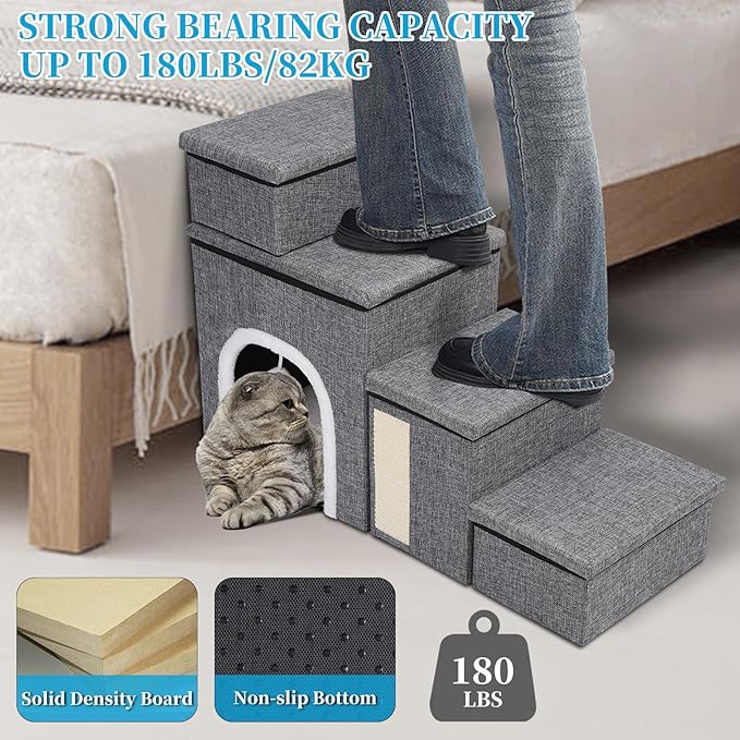 Dog Stairs for Bed and Couch 23“H, Foldable Dog Stairs for Small Older Dogs, 4 in 1 Adjustable Pet Cat Steps Ramps with Storage, Condo, Cat Scratcher, Hold Up to 180LBS, 4 Steps-PawvioPets