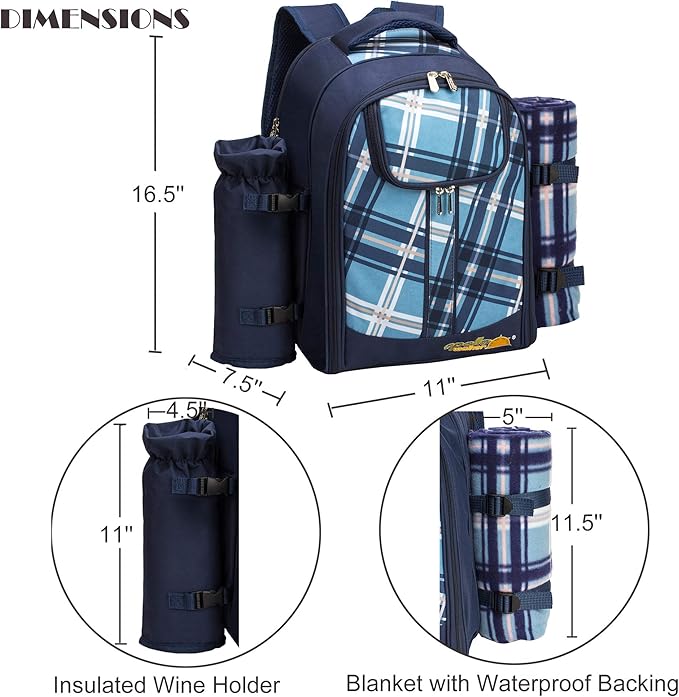 Apollo walker Picnic Backpack Set for 4 with Cooler Compartment,Detachable Bottle/Wine Holder Including Large Picnic Blanket(45"x 53") for Picnic Family and Lovers Gifts,Outdoor,BBQ Time (Blue)-PawvioPets