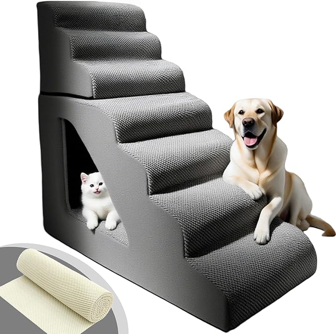 7 Step Pet Stairs Ramp for High Beds Sofas 22-42 Inch, Non-Slip Dog Stairs for Small Old Medium Large XL Dogs Cats, Sturdy 75 Pounds 33D Foam Balanced 6-Tier Ladder with Machine Washable Cover-PawvioPets