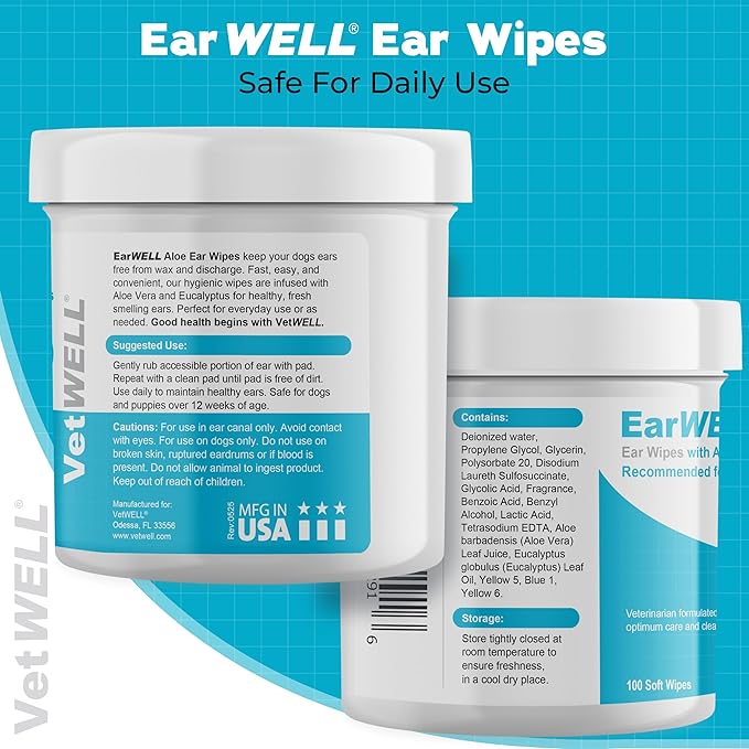 EarWELL by VetWELL Dog Ear Wipes - Otic Cleaning Wipes for Infections and Controlling Ear Odor in Pets - 100 Count-PawvioPets