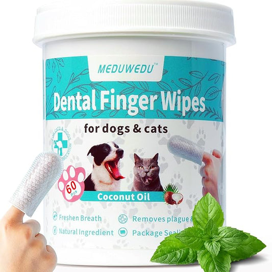 Dental Care Finger Wipes 60 Counts,Teeth Cleaning Finger Wipes for Dogs & Cats,Reduces Plaque & Freshens Breath, Small Animal Stain Removers, Mint Scent-PawvioPets