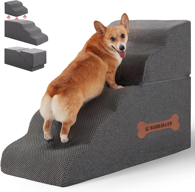 5-Step Spliceable Pet Stairs: Indoor& Outdoor Multi-Use with a Removable Cover and a Pocket, Best for Small Pets and Older Dogs Who Has Spine and Arthritis Issues to Get on High Beds, Grey（22.8" H-PawvioPets