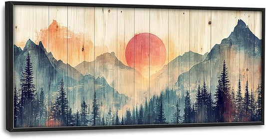 Framed Large Cabin Mountain Wall Art for Living Room, Oversized Rustic Forest Wall Decor, Rustic Nature Landscape Canvas Painting Sunset Pictures Home Decoration for Bedroom Office 60"x30"-PawvioPets