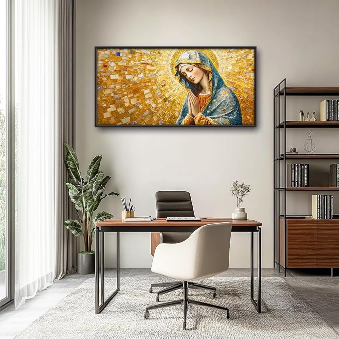 Extra Large Virgin Mary Framed Wall Art for Living Room,Oversized Golden Christian Religious Pictures Wall Decor,Canvas Print Painting Modern Artwork Bedroom Office Bathroom 60L" x 30W"-PawvioPets