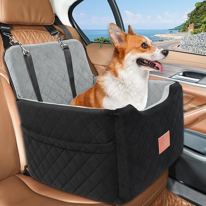 Dog Car Seat for Small/Medium Dogs Under 35lbs,Memory Foam Dog Booster Seats,Detachable and Washable Traval Pet Car Seat, Dogs Bed with 2 Safety Belts(Balck/Grey)-PawvioPets