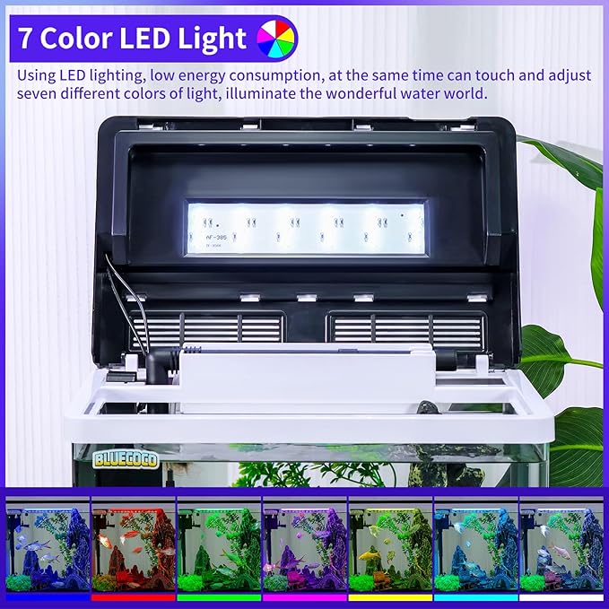 8 Gallon Fish Tank Starter Kit: Glass Aquarium w/Eco-Cycle Filter, 7-Color LED & Air Pump for Betta. Features 360° Crystal View, Temp/Time Display & Quiet Operation All-in-One Aquarium Kit-PawvioPets