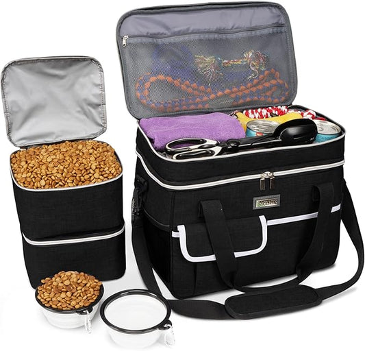 BAGLHER Dog Travel Bag for Supplies - Double-Layer Airline Approved Weekend Pet Travel Organizer Set for Dog and Cat Tote with 2 Pet Food Containers and 2 Collapsible Silicone Bowls Black-PawvioPets