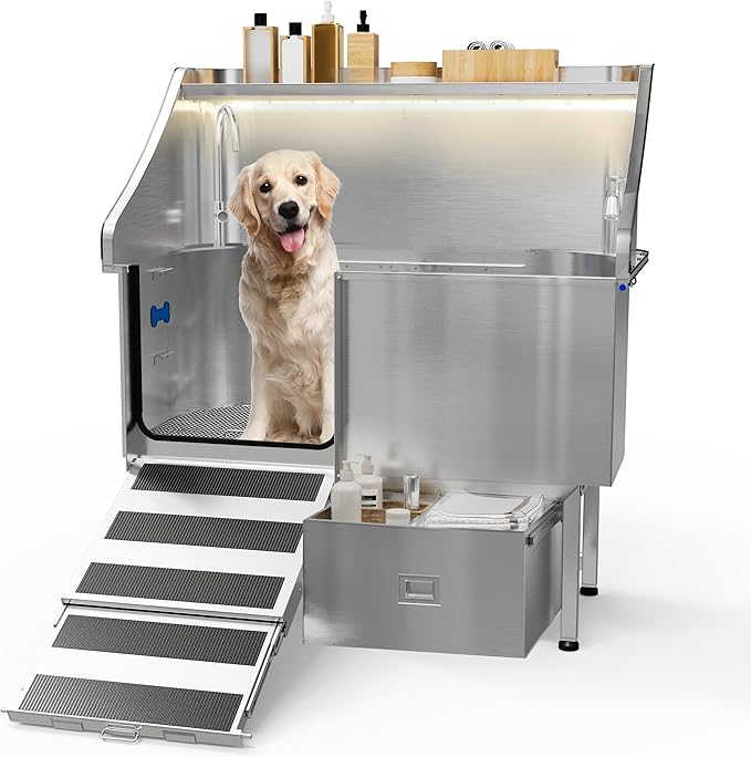 50'' Dog Washing Station - 304 Stainless Steel, LED Dog Bathing Station with Ramp, 2 Drawer, Floor Grate & Lick Pad for Large, Medium & Small Dogs-PawvioPets