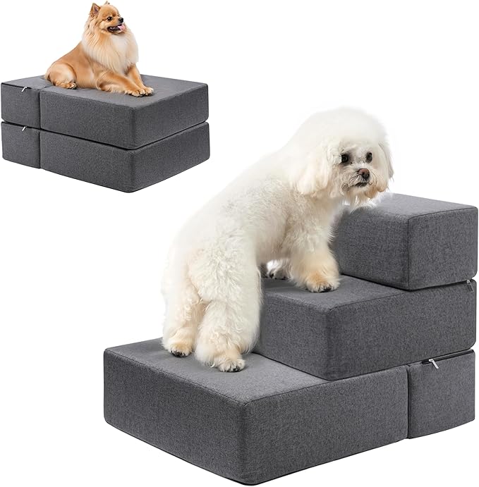 Foldable 18 Inch Wide 3 Step Wide Dog Stairs for Large Dogs, 18 Inch Height Foam Dog Steps for Bed & Couch, Linen Covered Pet Stairs for Dogs to Get on Bed, Outdoor Foam Pet Steps for for Cars & SUV-PawvioPets