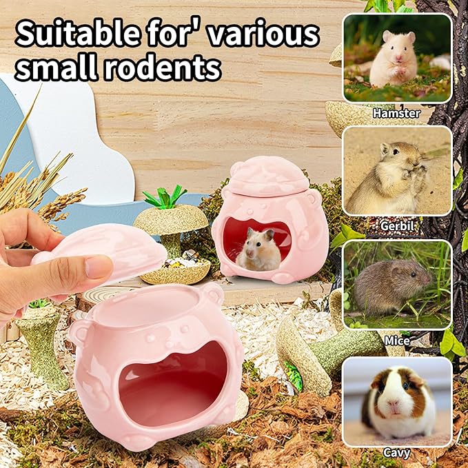 3-in-1 Bear Shaped Ceramic Hamster House - Cool House for Syrian Dwarf Hamsters, Mice, Gerbils， Small Pets, Top for Hamster Food, Removable Lid for Ice Packs, Cute Cool Hideout for Summer（Pink）-PawvioPets