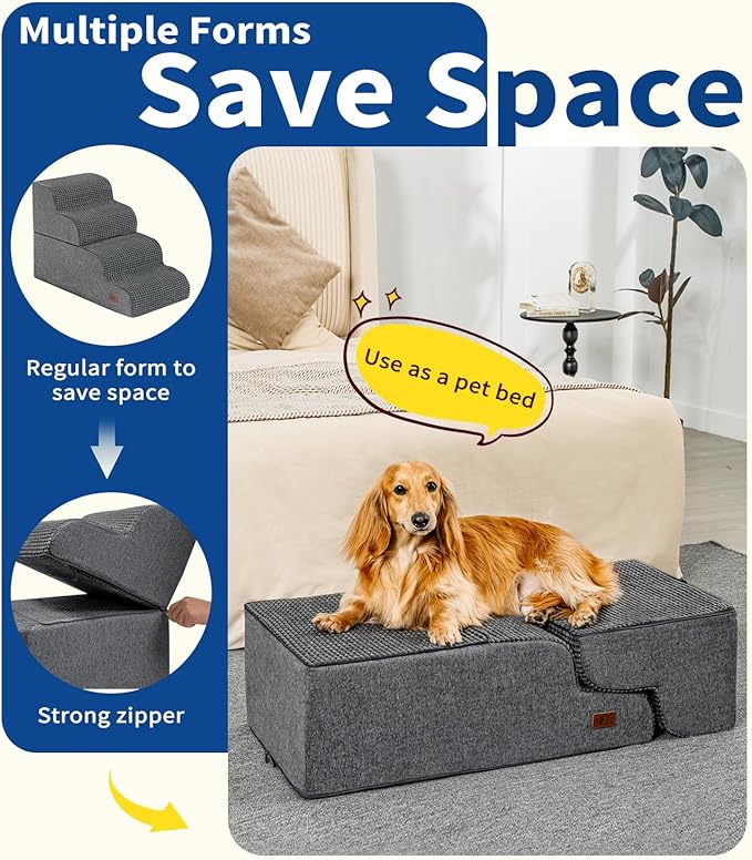 Dog Step for Bed, Dog Stair 4-Step 35D Pet Stair 19.7" H for High Bed or Sofa Non-Slip Balanced Pet Step Indoor, Grey-PawvioPets