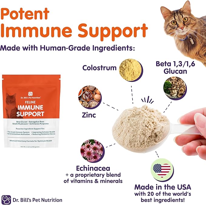 Dr. Bill’s Feline Immune Support | Boosts Cat Immunity and Health with Colostrum, Beta Glucan, Turkey Tail Mushroom, Zinc & Vitamin C | Powder Supplement for Cats of All Ages-PawvioPets