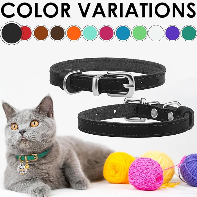 BRONZEDOG Leather Cat Collar with Removable Bells Non Breakaway Kitten QR Tag for Girl Boy (9" - 12" Cats/Mini Dogs, Black & Silver)-PawvioPets