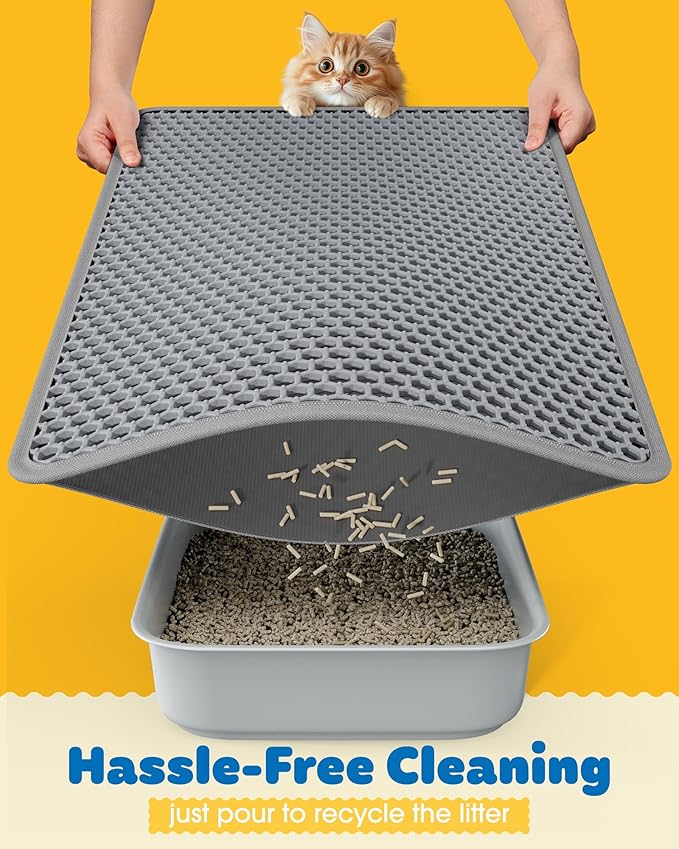 35" x 30" Cat Litter Mat - Ultra-Large Litter Box Mat with Double Layers, Urine-Proof and Non-Slip Litter Trapping Mat, Easy to Clean Kitty Litter Mats for Floor, Scatter Control, Grey-PawvioPets