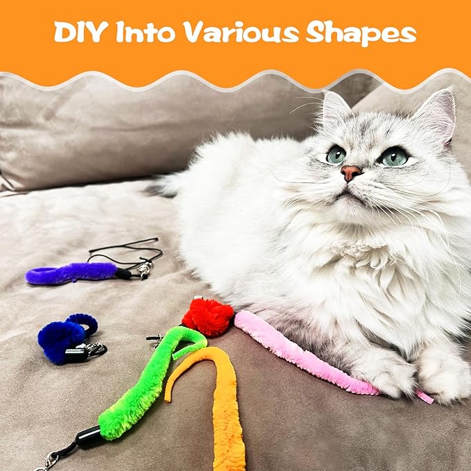 10PCS Cat Worm Toy, Cat Wand Attachment Fuzzy Worm Toys Refill with 1PCS Black String for Wand Replacement, Interactive Cats Kittens Toys for Indoor-PawvioPets