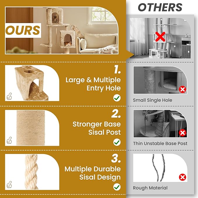 59in Large Cat Tree Tower for Indoor Cats with Soft Plush Hang Ball, Two Condos, Sisal Scratch Posts & Rope Play for Kittens/Adult Cats, New Beige-PawvioPets